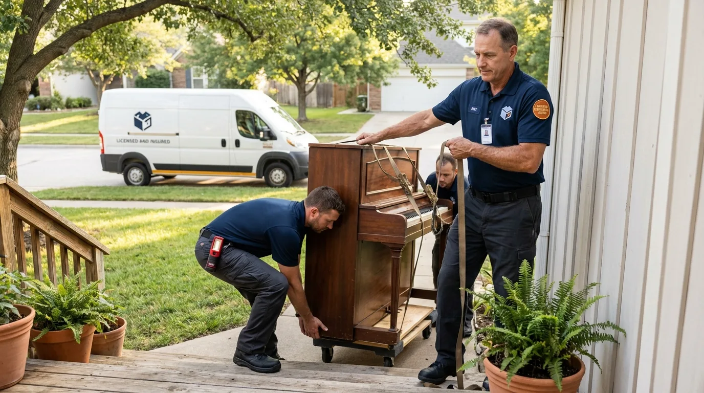 Licensed piano movers securing grand piano in Juneau, WI
