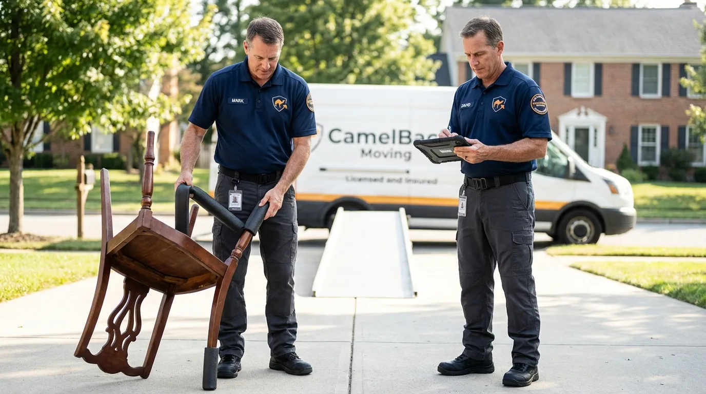 Movers inspecting furniture for damage prevention before loading in Juneau, WI